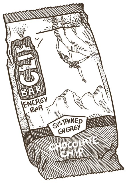 A chocolate chip Clif Bar in its wrapper, a climber on the label