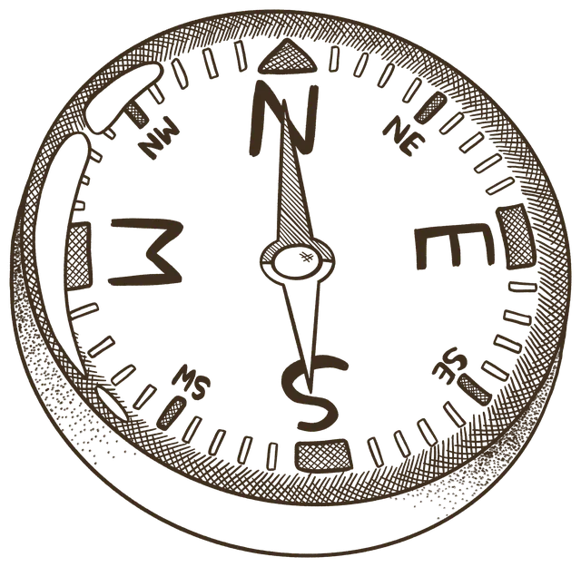 A round button compass with the needle pointing north