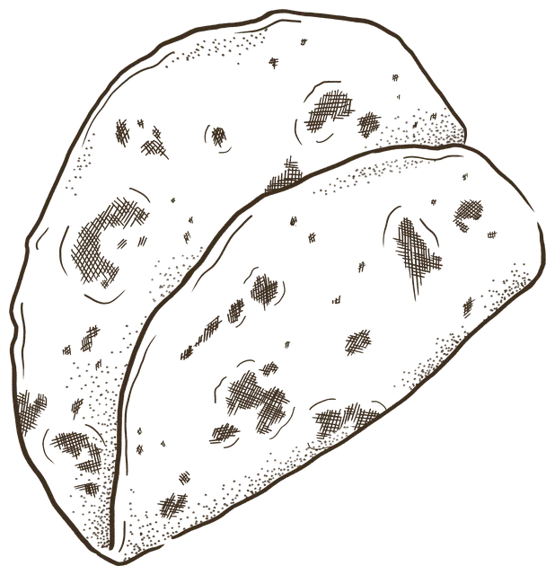 A flour tortilla folded in half, flecked with toasted spots