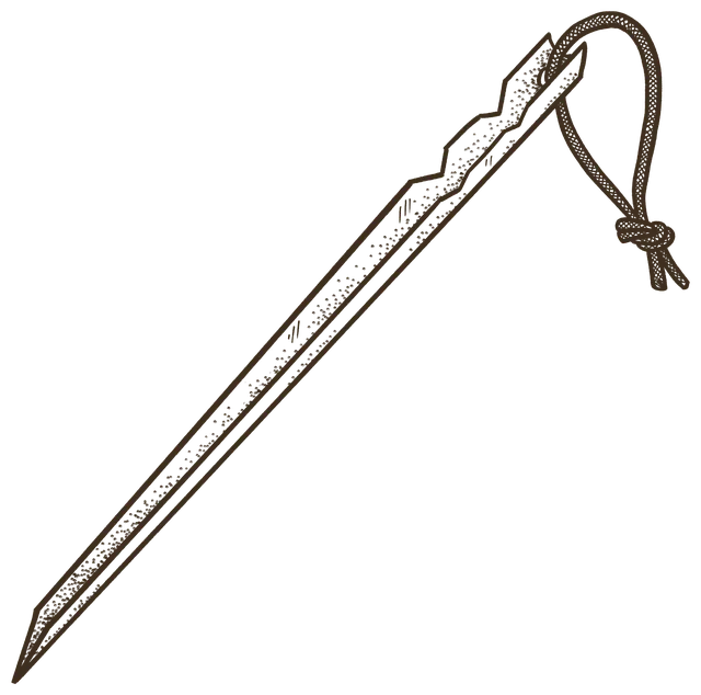 A thin tent stake with a cord loop knotted through the top