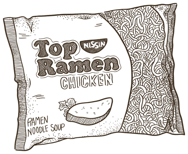 A Top Ramen chicken packet with hand-lettered branding