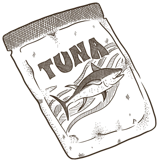 A sealed foil pouch lettered TUNA, with a fish drawn on the front